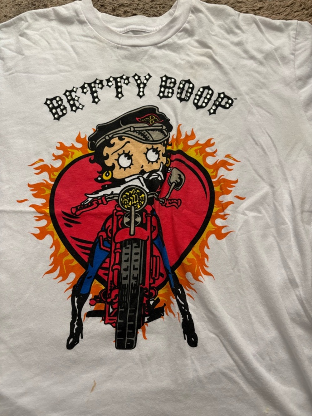Betty Boop White Tee with Red, Orange & Blue Motorcycle Heart Graphic